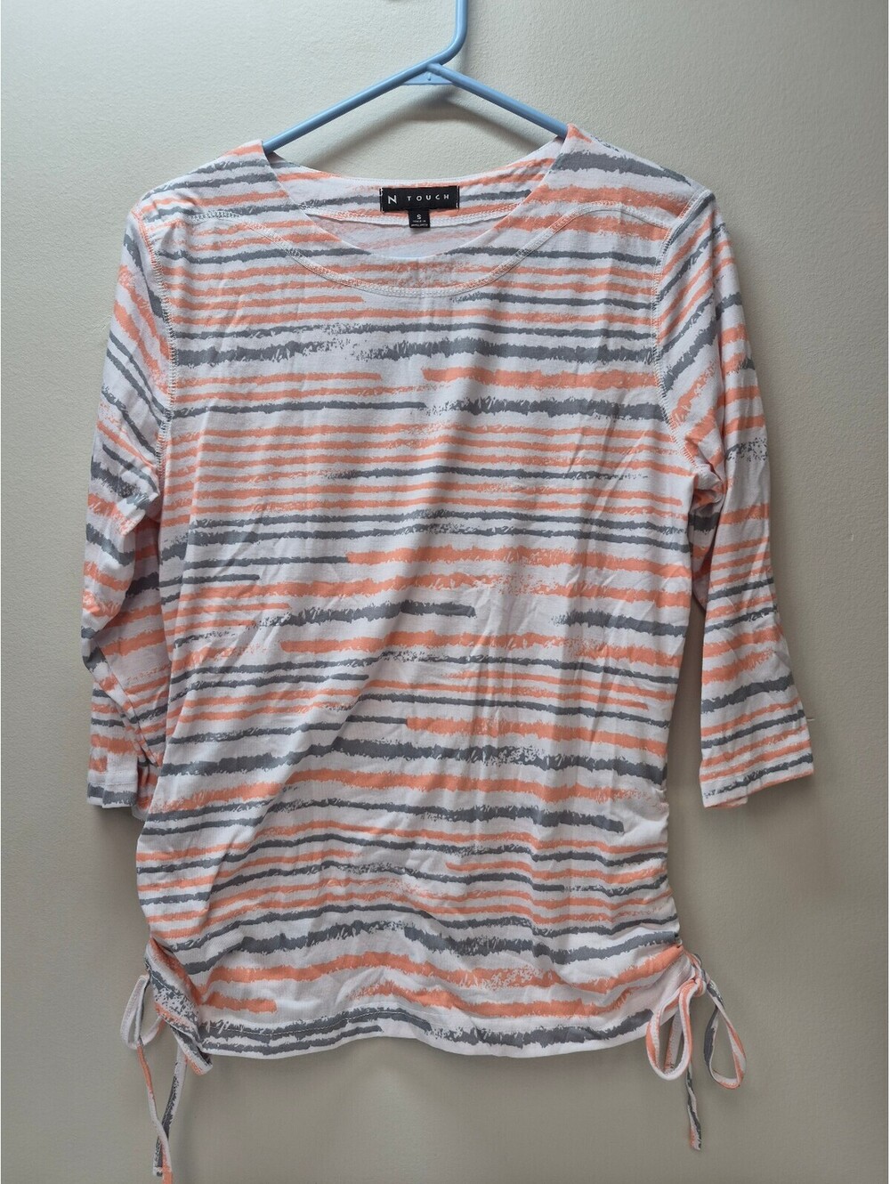 N Touch Women's Striped 3/4 Sleeve Top with Side Ties, Size Small B450